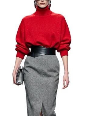 ZIOSONGZIO Korean designer red wool blend quiet luxury turtleneck sweater L